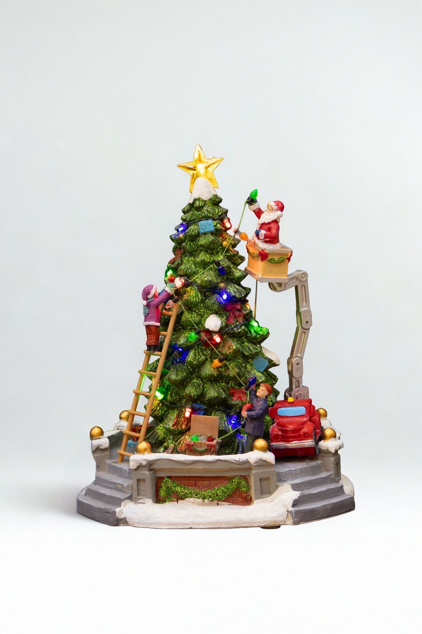 32cm Musical Light-Up Christmas Tree with Santa & Elves – Animated Holiday Scene with Ornaments & Golden Star Topper