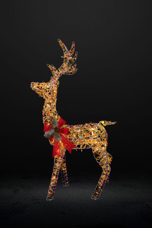 135cm Lighted Christmas Reindeer – Elegant Wireframe Deer with Warm White LED Lights & Red Bow