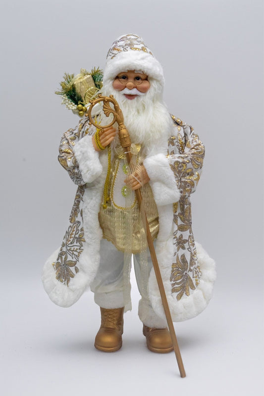 90 CM ("Elegant White & Gold Santa Claus Christmas Figurine – Ornate Holiday Decoration with Faux Fur Trim, Decorative Staff, and Festive Accents – Luxurious Seasonal Home Decor")