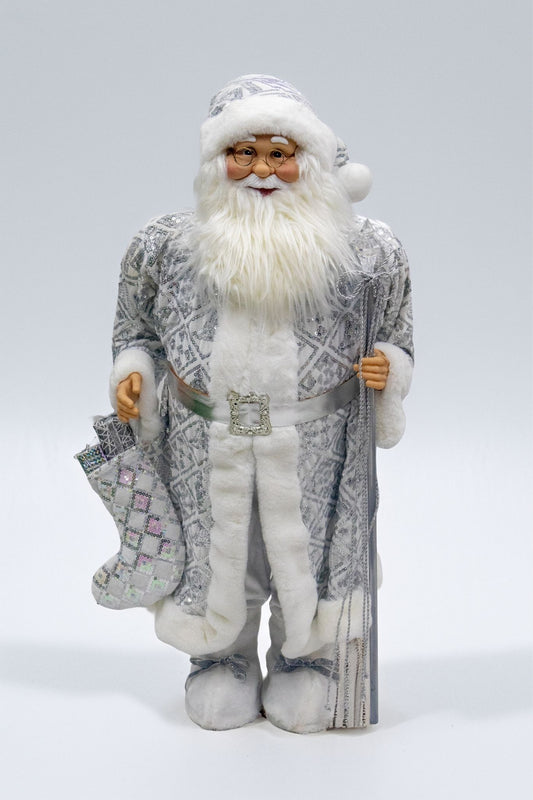 90 CM ("White & Silver Santa Claus Christmas Figurine – Festive Holiday Decoration with Faux Fur Trim, Geometric Coat, Glittery Stocking & Silver Staff – Winter Wonderland Home Decor")
