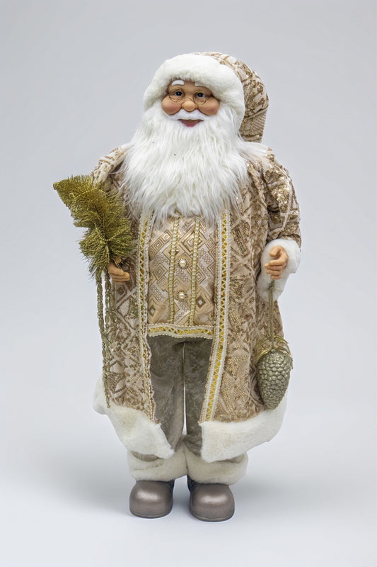 90 CM ("Gold & Cream Santa Claus Christmas Figurine – Ornate Holiday Decoration with Faux Fur Trim, Decorative Tree & Pine Cone Accent – Elegant Festive Home Decor")