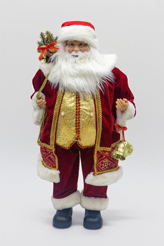 90 CM ("Traditional Red Velvet Santa Claus Christmas Figurine – Holiday Decoration with Gold Accents, Faux Fur Trim, Pine Branch Bundle & Gift Sack – Classic Seasonal Home Decor")
