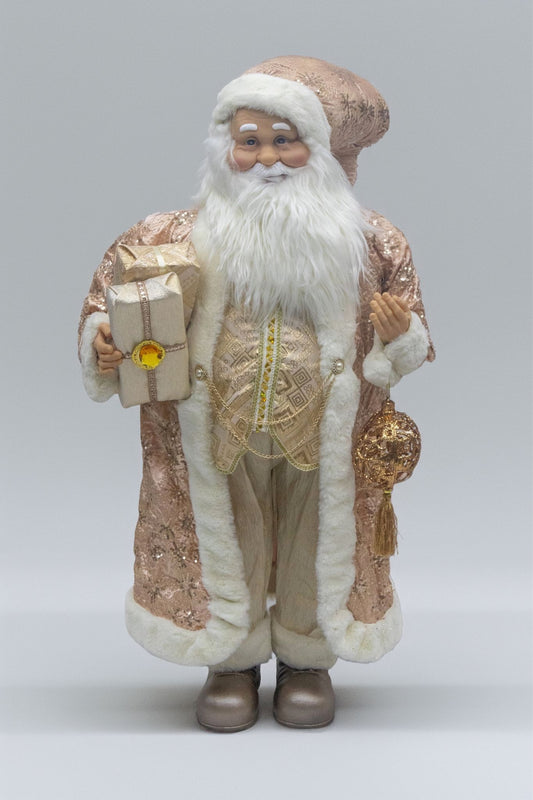 90 CM ("Blush Gold Santa Claus Christmas Figurine – Luxurious Holiday Decoration with Faux Fur Trim, Wrapped Gift & Ornament Accent – Unique Festive Home Decor")