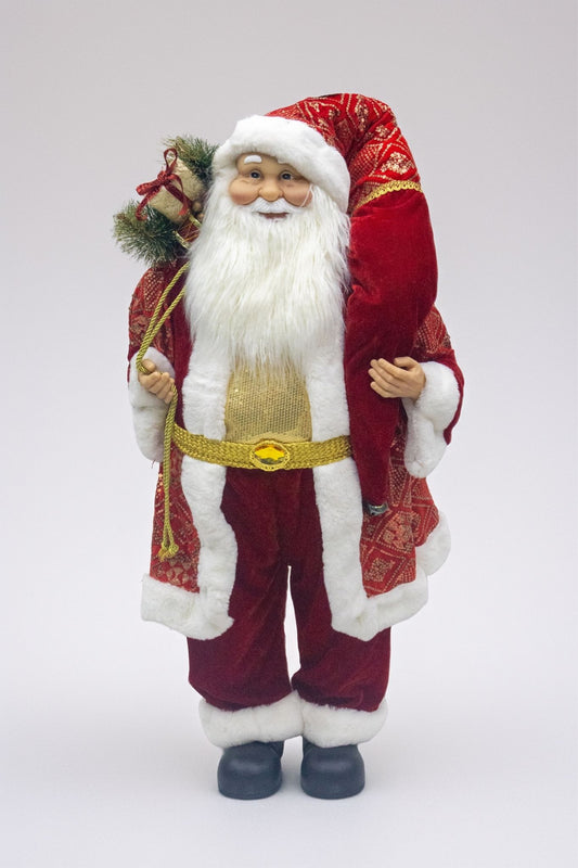 90 CM (Classic Red and White Santa Claus Figurine with Gold Accents, Gift Sack, and Festive Details – Christmas Holiday Decoration)