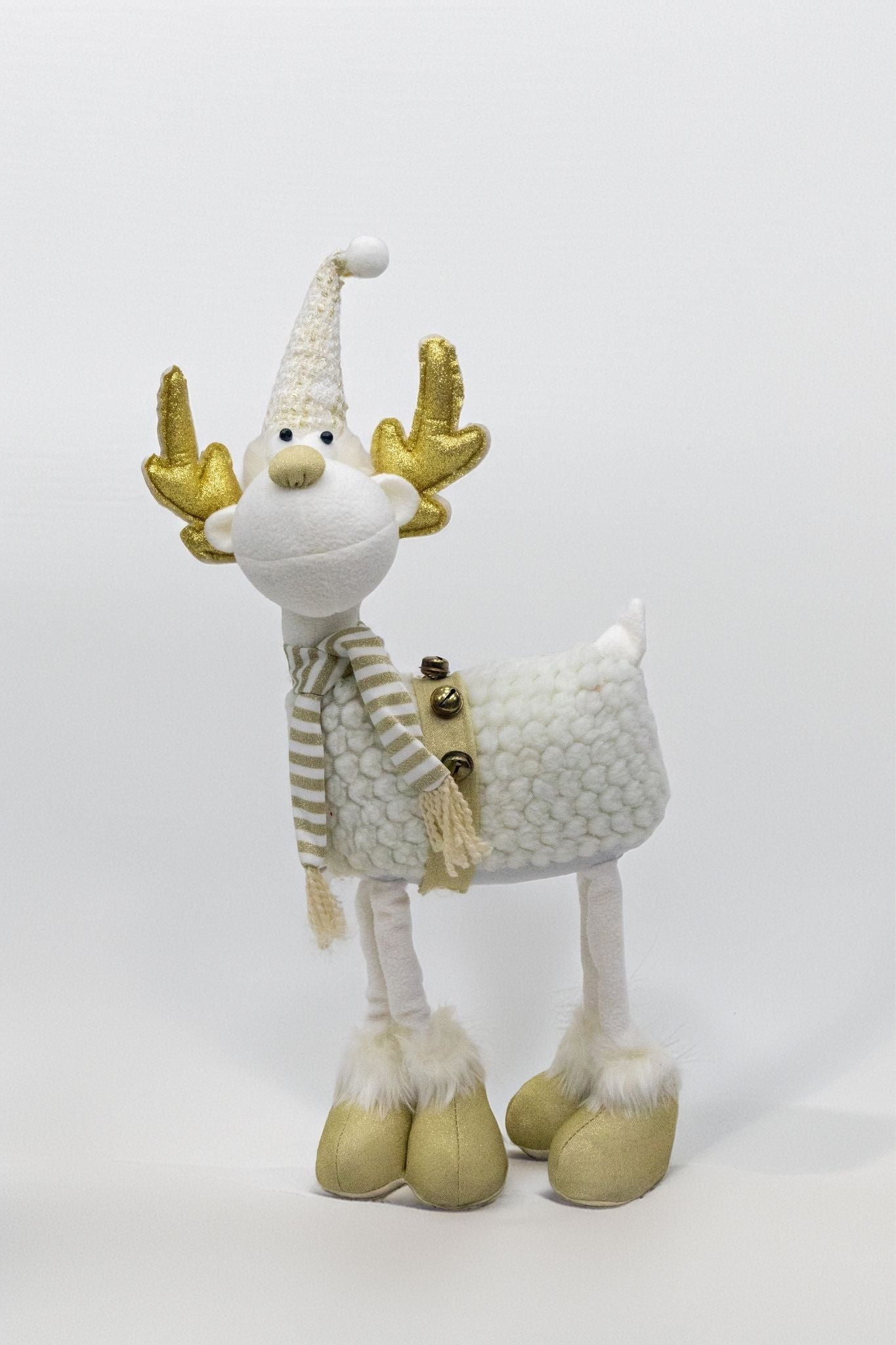 "50cm Christmas Reindeer Plush Doll – Holiday Decoration with Glitter Hat, Antlers, Striped Scarf & Faux Fur Boots – X-MAS DOLL"