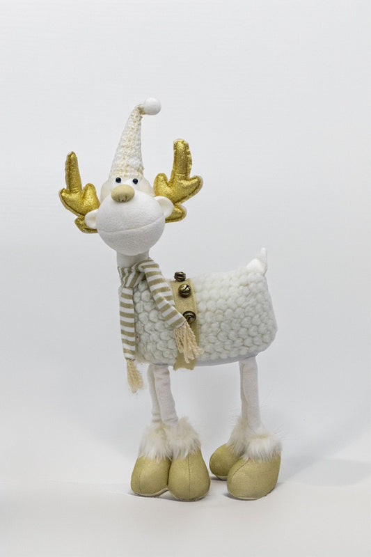 "50cm Christmas Reindeer Plush Doll – Holiday Decoration with Glitter Hat, Antlers, Striped Scarf & Faux Fur Boots – X-MAS DOLL"